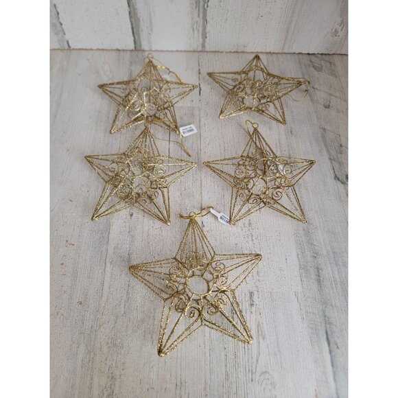 Pier 1 metal golden star ornament Xmas set glitter - Picture 1 of 5
